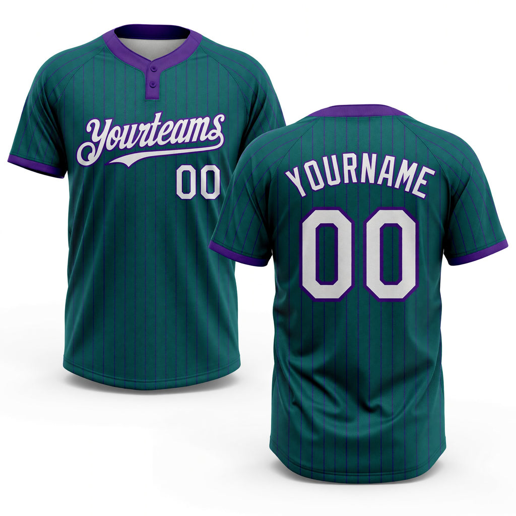 Custom Teal Purple Pinstripe White Two-Button Unisex Softball Jersey