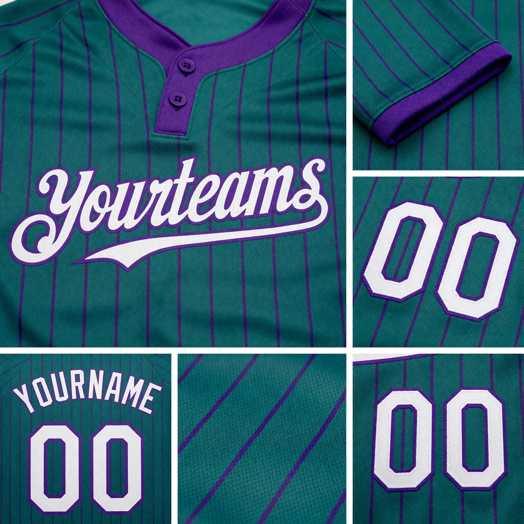 Custom Teal Purple Pinstripe White Two-Button Unisex Softball Jersey detail
