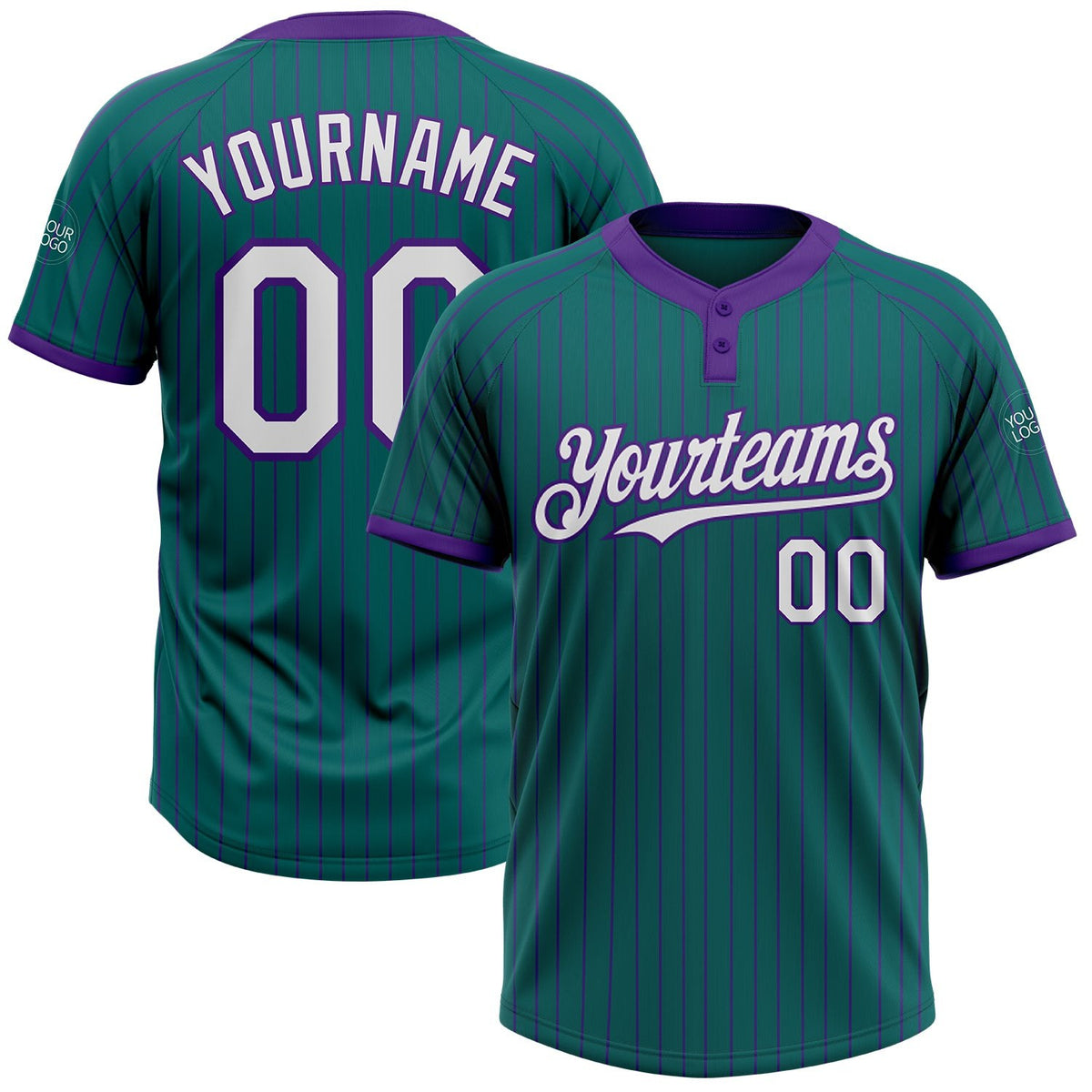 Custom Teal Purple Pinstripe White Two-Button Unisex Softball Jersey photo 1