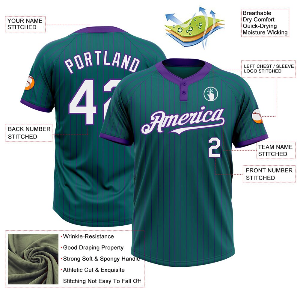 Custom Teal Purple Pinstripe White Two-Button Unisex Softball Jersey photo 3