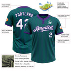 Custom Teal Purple Pinstripe White Two-Button Unisex Softball Jersey photo 3
