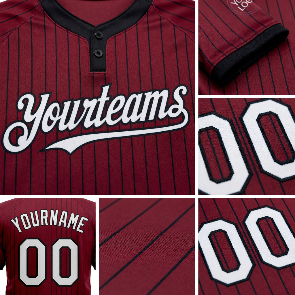 Custom Crimson Black Pinstripe White Two-Button Unisex Softball Jersey detail