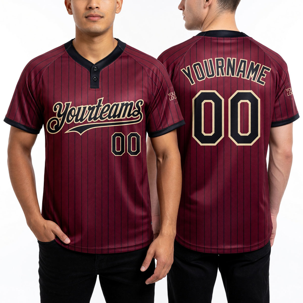 Custom Crimson Black Pinstripe Cream Two-Button Unisex Softball Jersey worn front and back