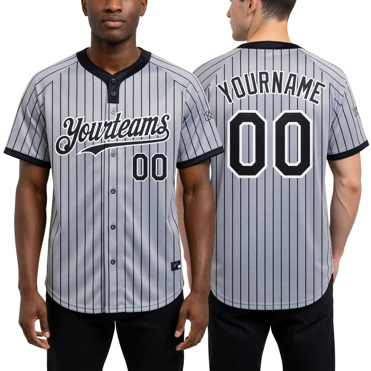 Custom Gray Black Pinstripe White Two-Button Unisex Softball Jersey worn front and back