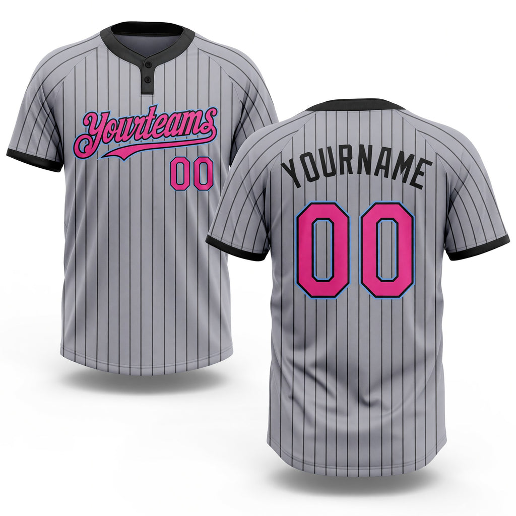 Custom Gray Black Pinstripe Pink-Light Blue Two-Button Unisex Softball Jersey