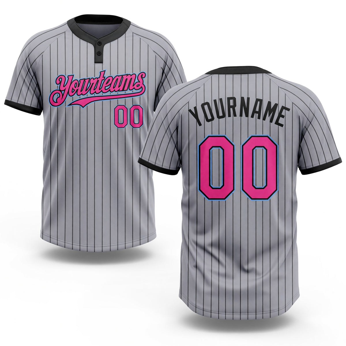 Custom Gray Black Pinstripe Pink-Light Blue Two-Button Unisex Softball Jersey