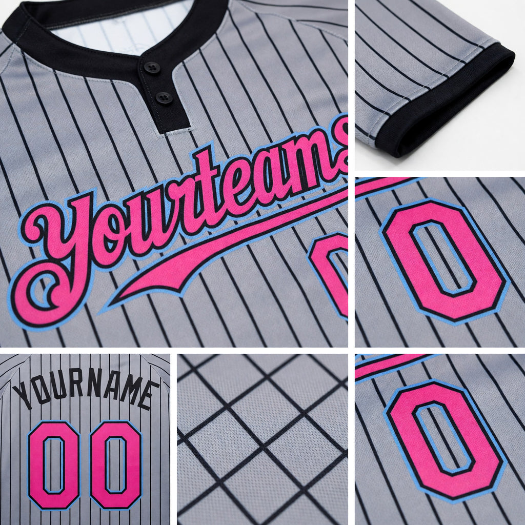Custom Gray Black Pinstripe Pink-Light Blue Two-Button Unisex Softball Jersey detail