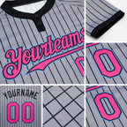 Custom Gray Black Pinstripe Pink-Light Blue Two-Button Unisex Softball Jersey detail