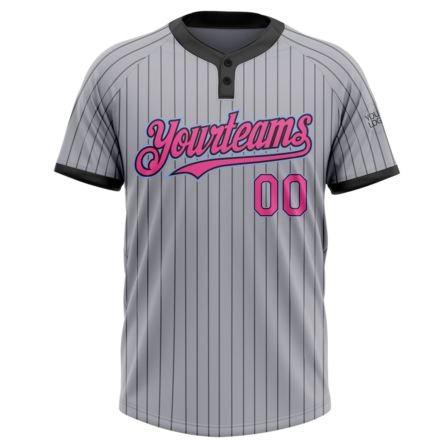 Custom Gray Black Pinstripe Pink-Light Blue Two-Button Unisex Softball Jersey photo 2