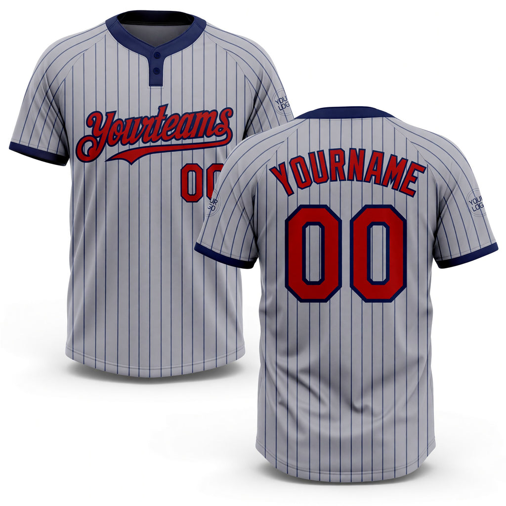 Custom Gray Navy Pinstripe Red Two-Button Unisex Softball Jersey