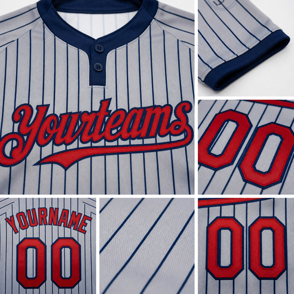 Custom Gray Navy Pinstripe Red Two-Button Unisex Softball Jersey detail