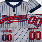 Custom Gray Navy Pinstripe Red Two-Button Unisex Softball Jersey detail