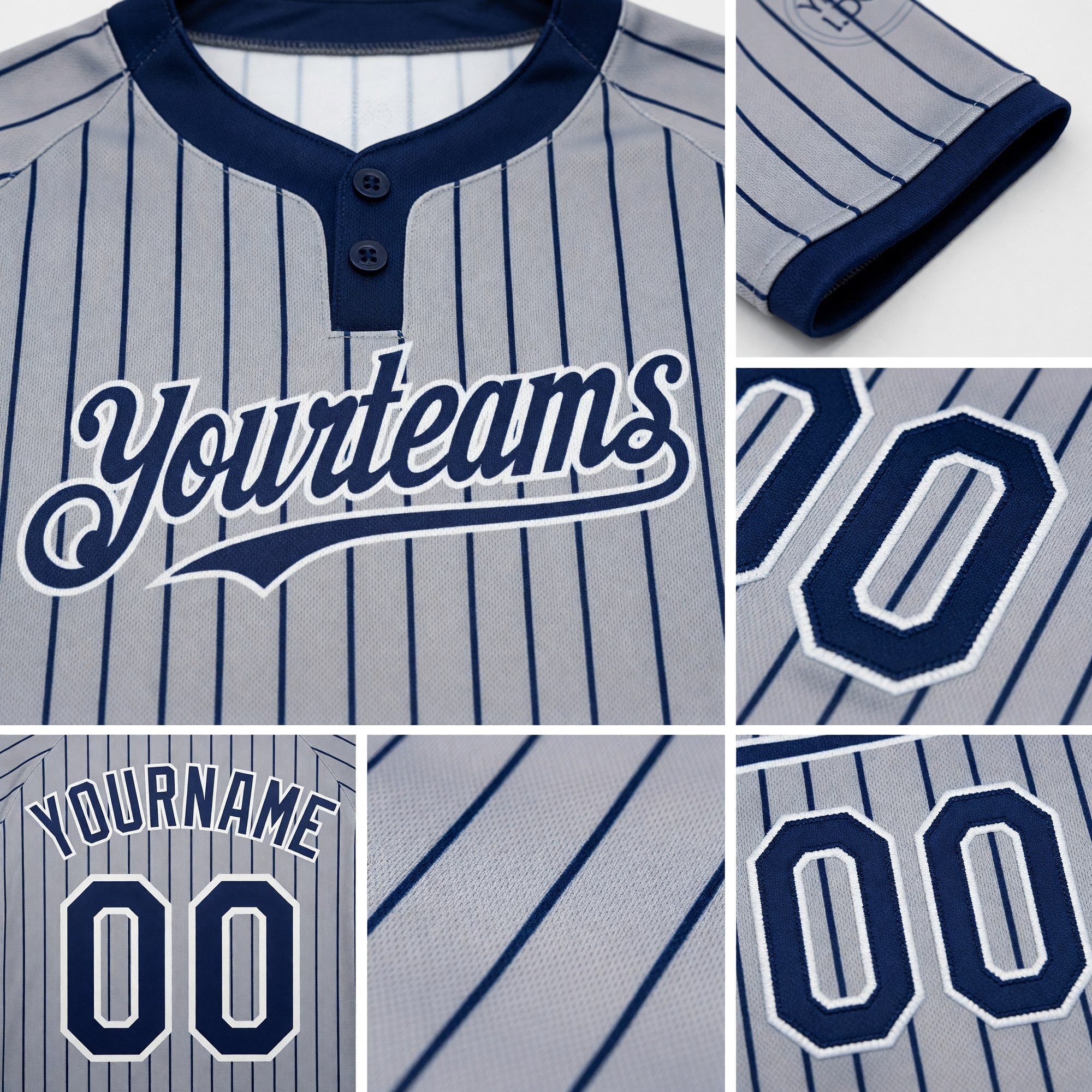 Custom Gray Navy Pinstripe White Two-Button Unisex Softball Jersey detail