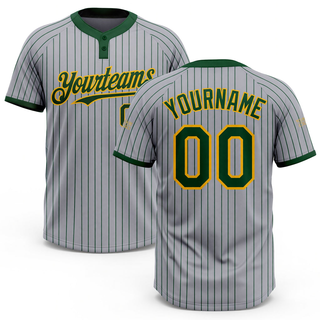 Custom Gray Green Pinstripe Gold Two-Button Unisex Softball Jersey