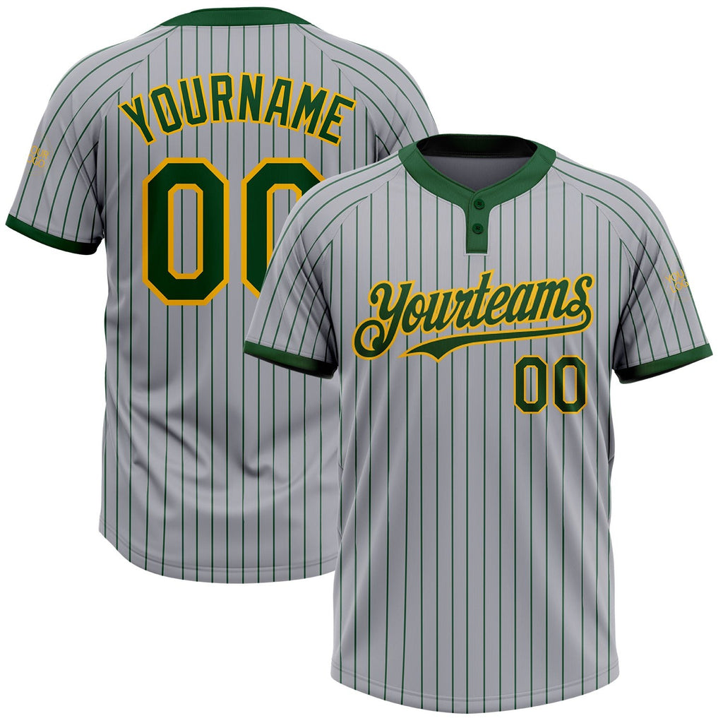 Custom Gray Green Pinstripe Gold Two-Button Unisex Softball Jersey photo 1