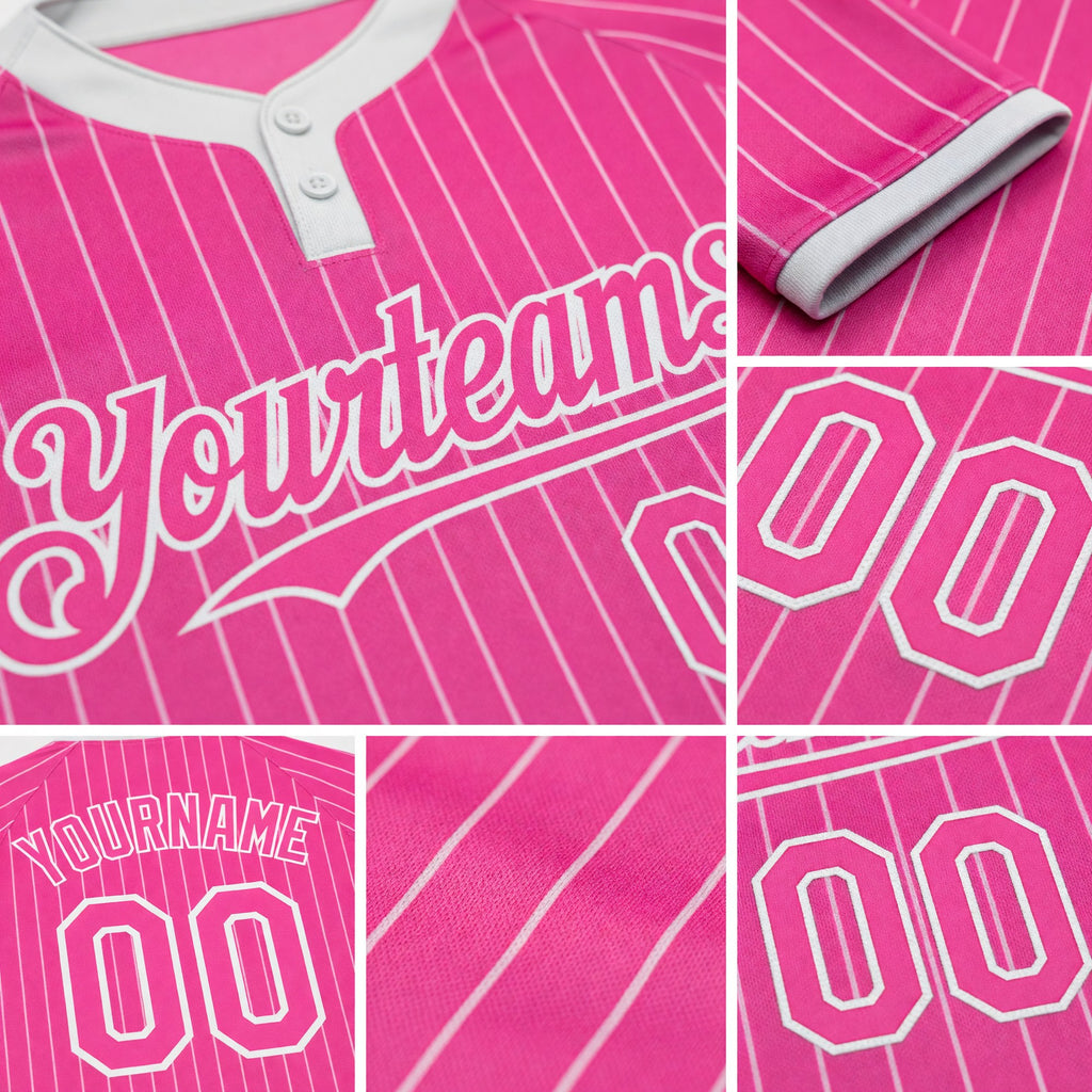 Custom Pink White Pinstripe White Two-Button Unisex Softball Jersey detail