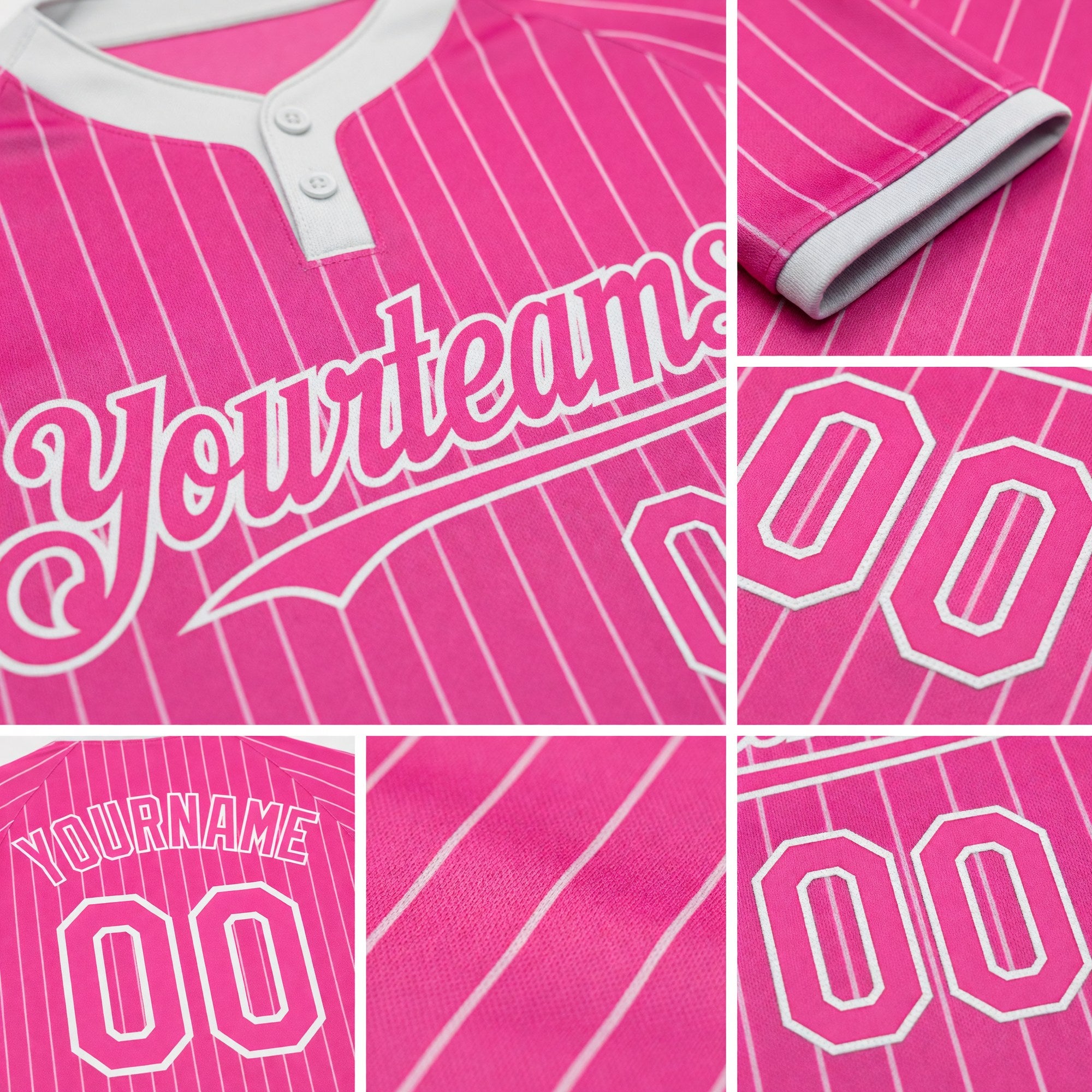 Custom Pink White Pinstripe White Two-Button Unisex Softball Jersey detail