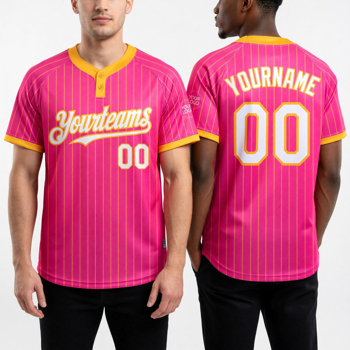 Custom Pink Gold Pinstripe White Two-Button Unisex Softball Jersey worn front and back