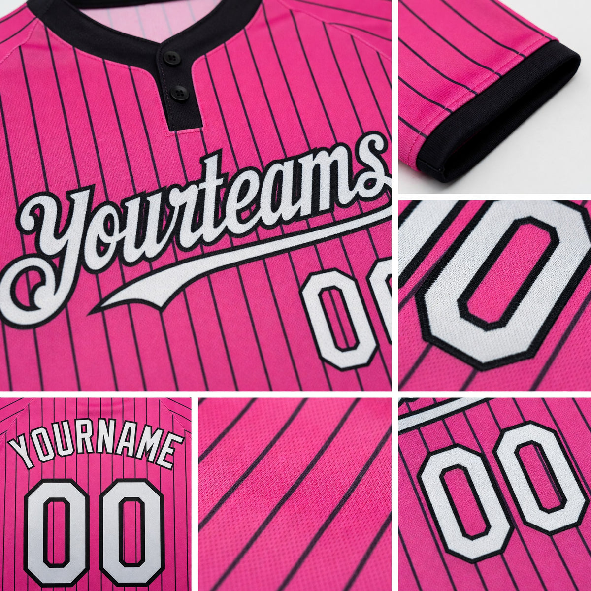 Custom Pink Black Pinstripe White Two-Button Unisex Softball Jersey detail