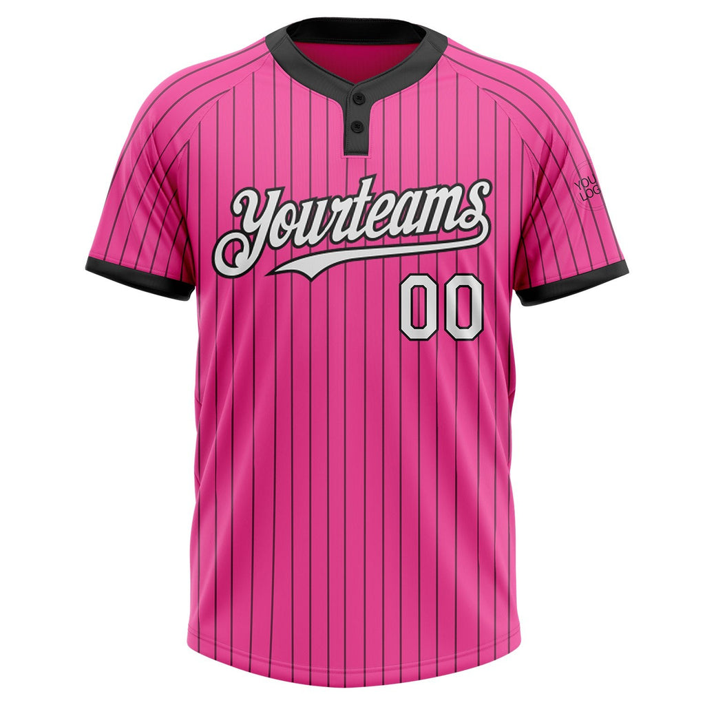 Custom Pink Black Pinstripe White Two-Button Unisex Softball Jersey photo 2
