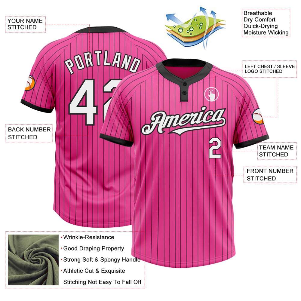 Custom Pink Black Pinstripe White Two-Button Unisex Softball Jersey photo 3