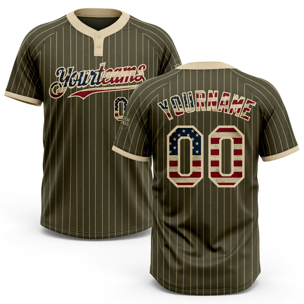Custom Olive Cream Pinstripe Vintage USA Flag Salute To Service Two-Button Unisex Softball Jersey