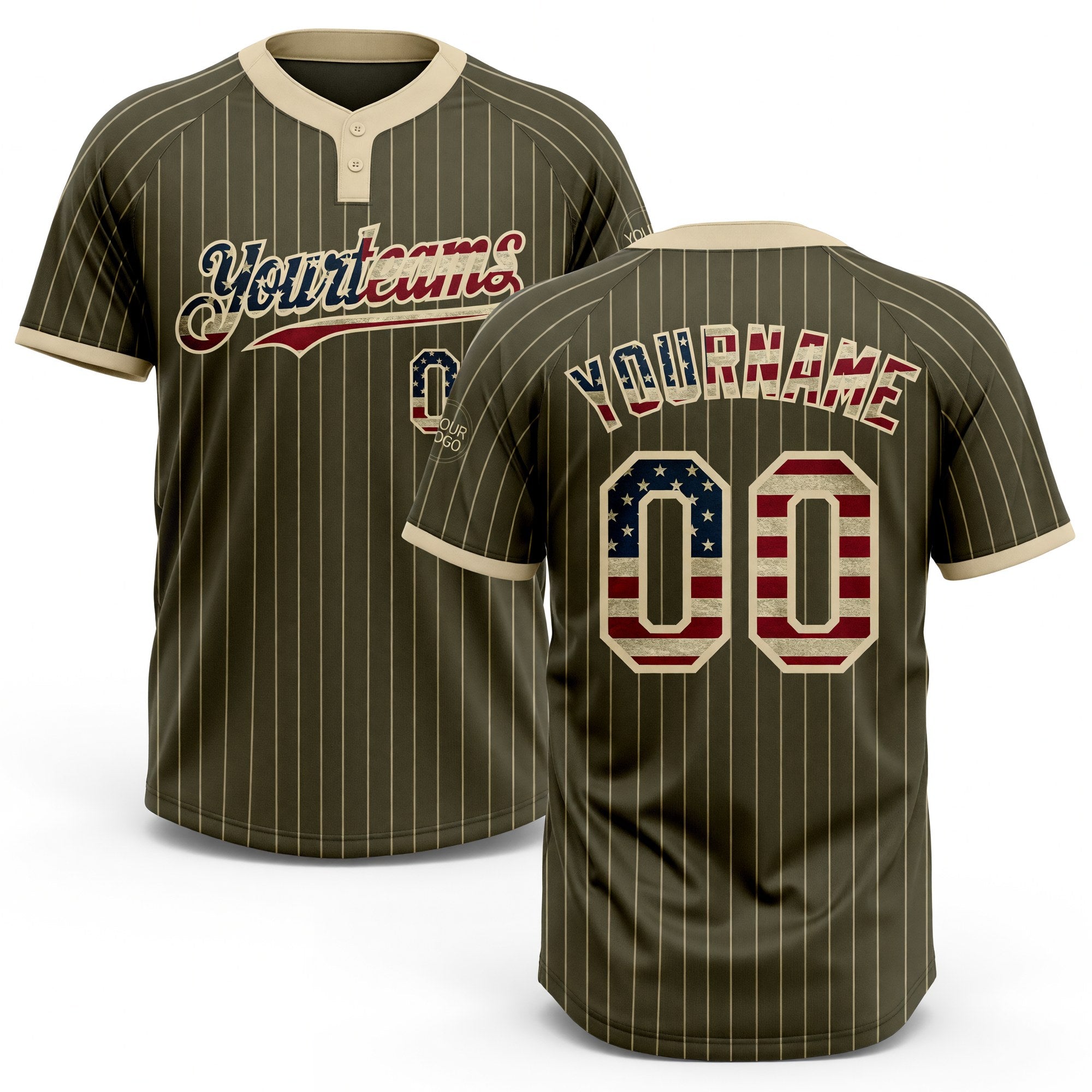 Custom Olive Cream Pinstripe Vintage USA Flag Salute To Service Two-Button Unisex Softball Jersey
