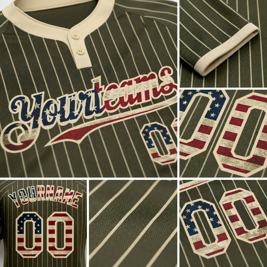 Custom Olive Cream Pinstripe Vintage USA Flag Salute To Service Two-Button Unisex Softball Jersey detail