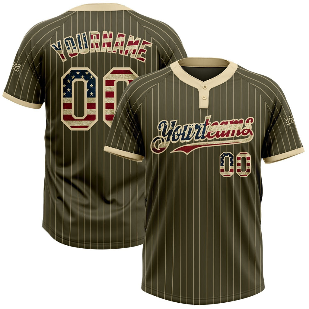 Custom Olive Cream Pinstripe Vintage USA Flag Salute To Service Two-Button Unisex Softball Jersey photo 1