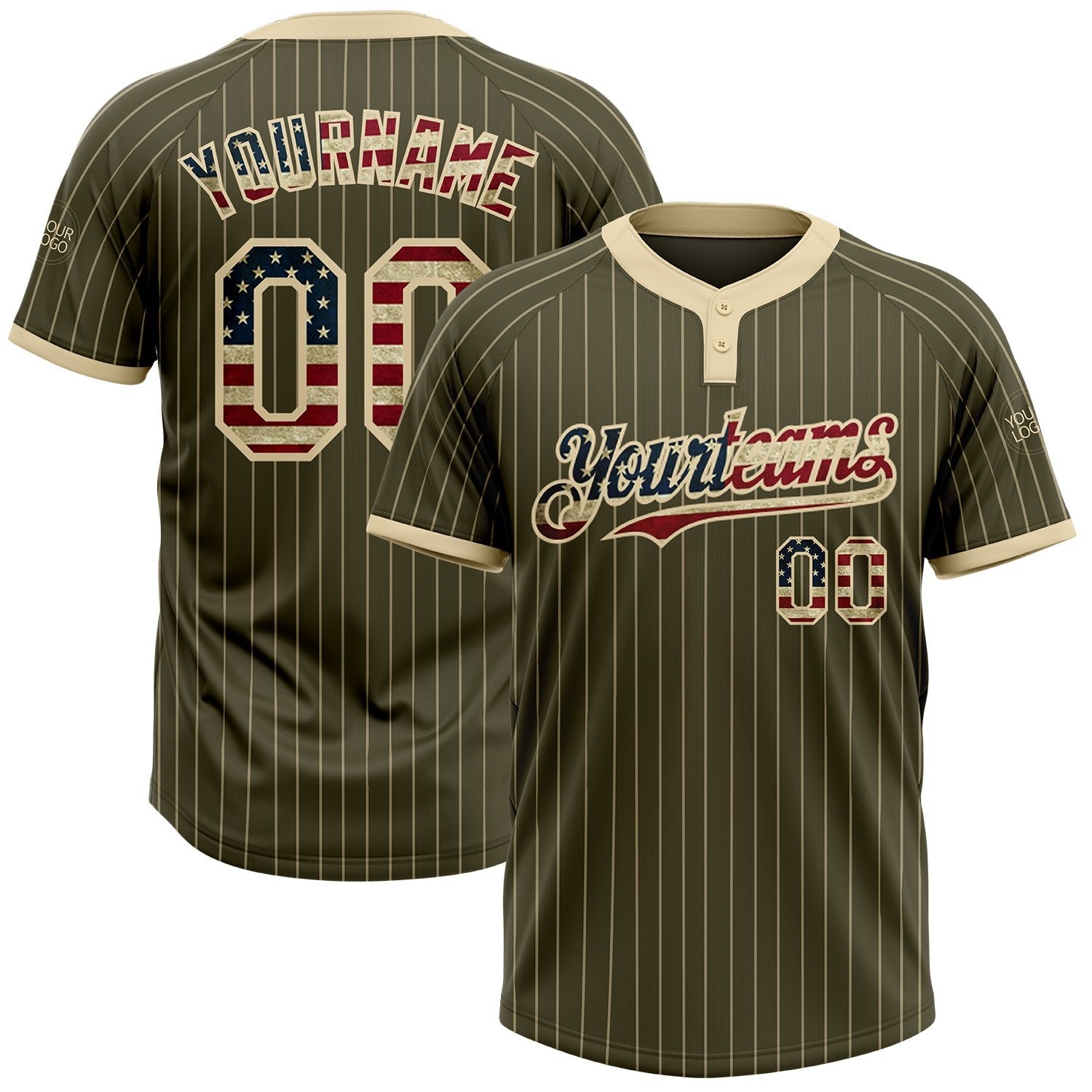 Custom Olive Cream Pinstripe Vintage USA Flag Salute To Service Two-Button Unisex Softball Jersey photo 1
