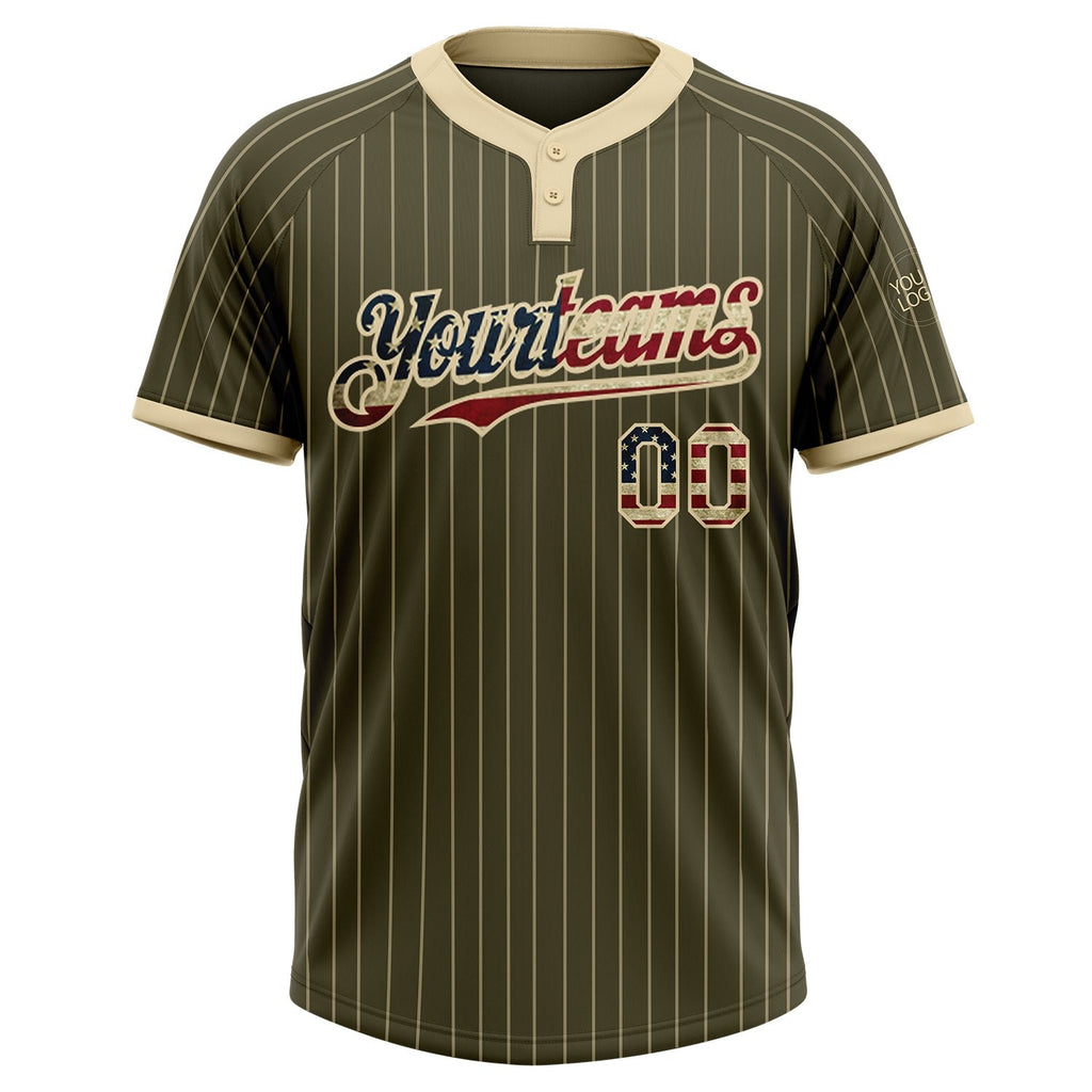 Custom Olive Cream Pinstripe Vintage USA Flag Salute To Service Two-Button Unisex Softball Jersey photo 2