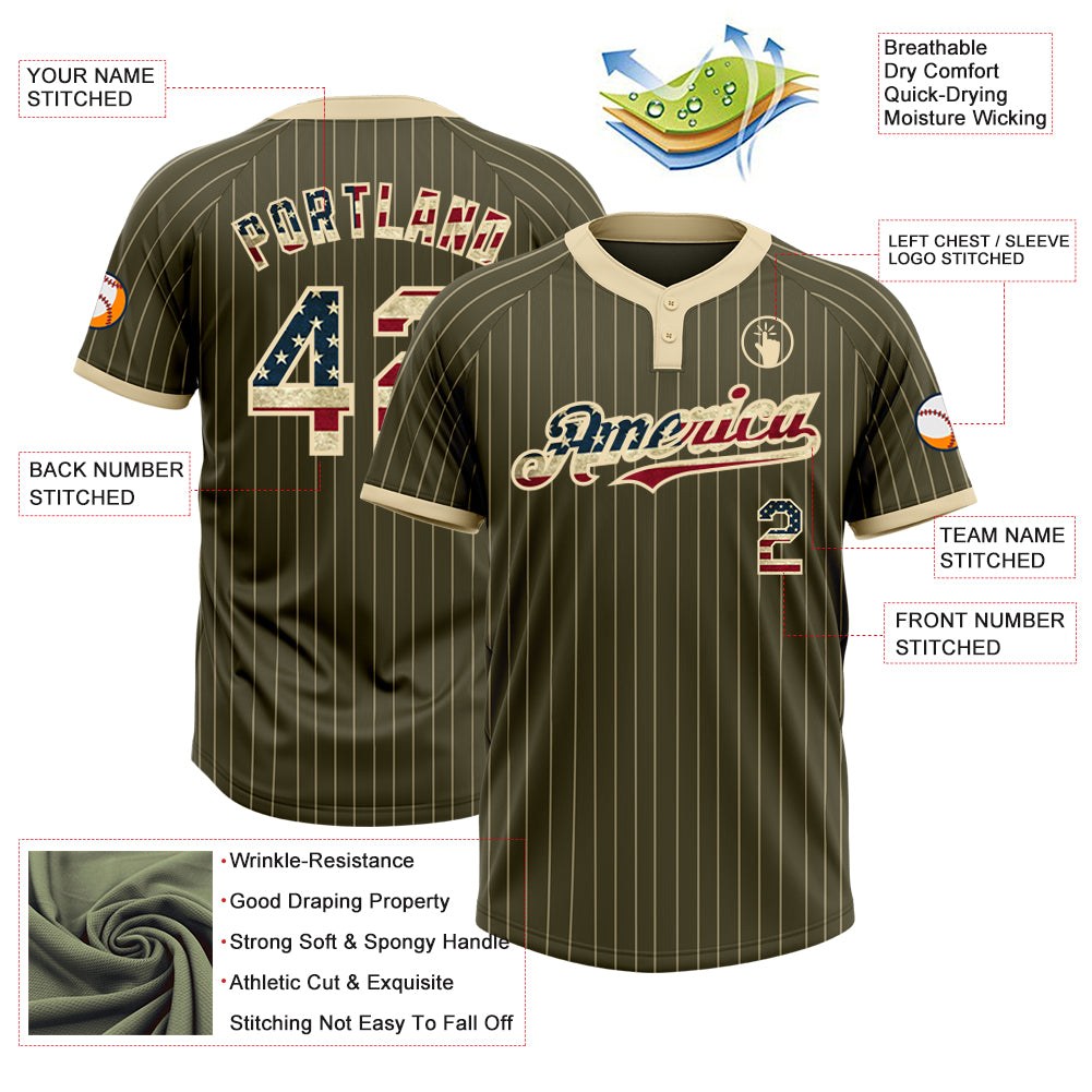 Custom Olive Cream Pinstripe Vintage USA Flag Salute To Service Two-Button Unisex Softball Jersey photo 3