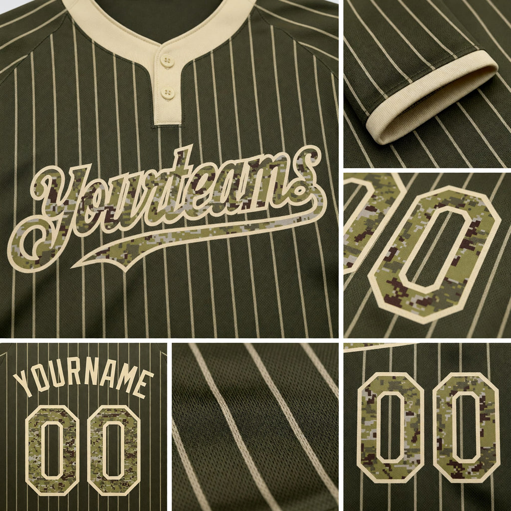 Custom Olive Cream Pinstripe Camo Salute To Service Two-Button Unisex Softball Jersey detail