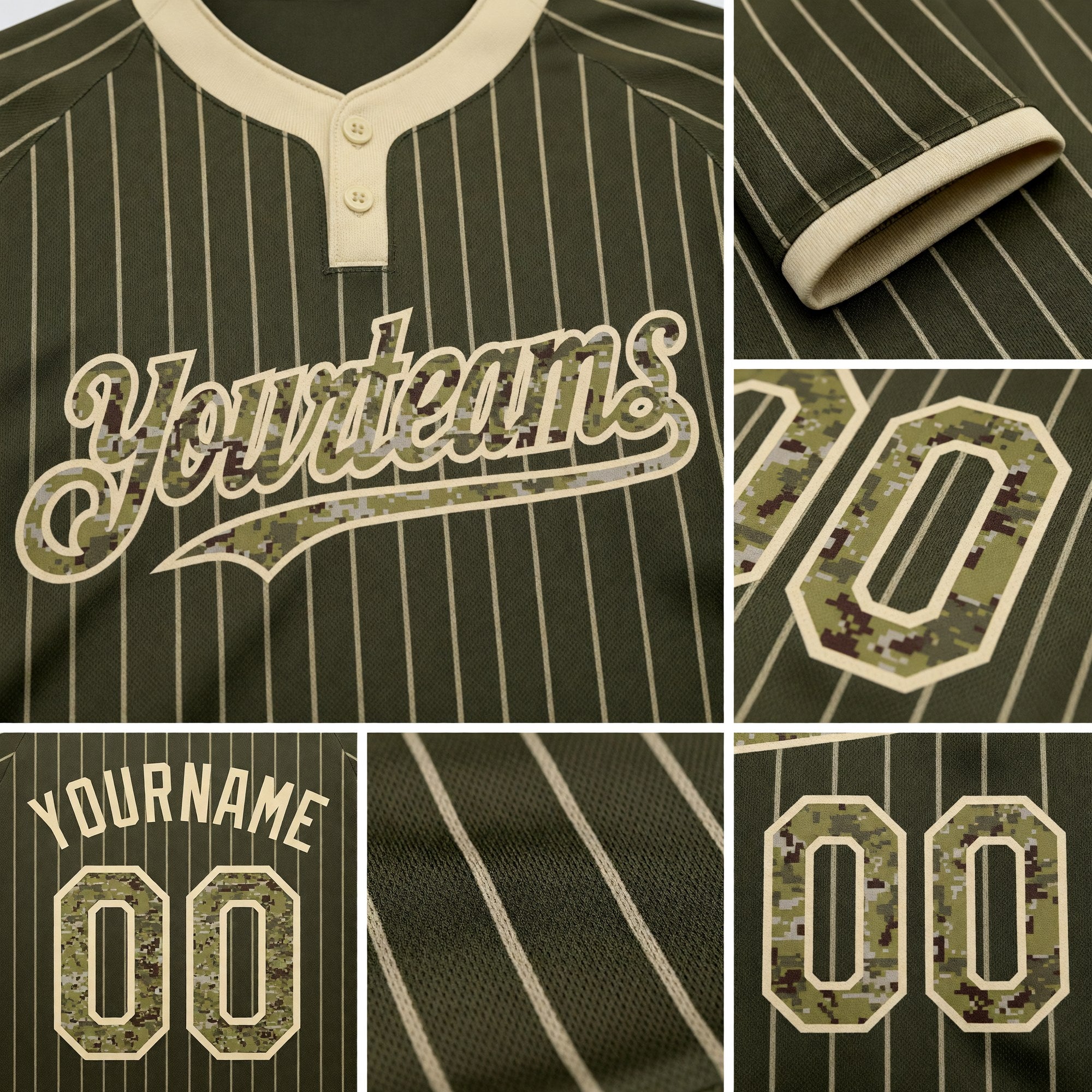 Custom Olive Cream Pinstripe Camo Salute To Service Two-Button Unisex Softball Jersey detail