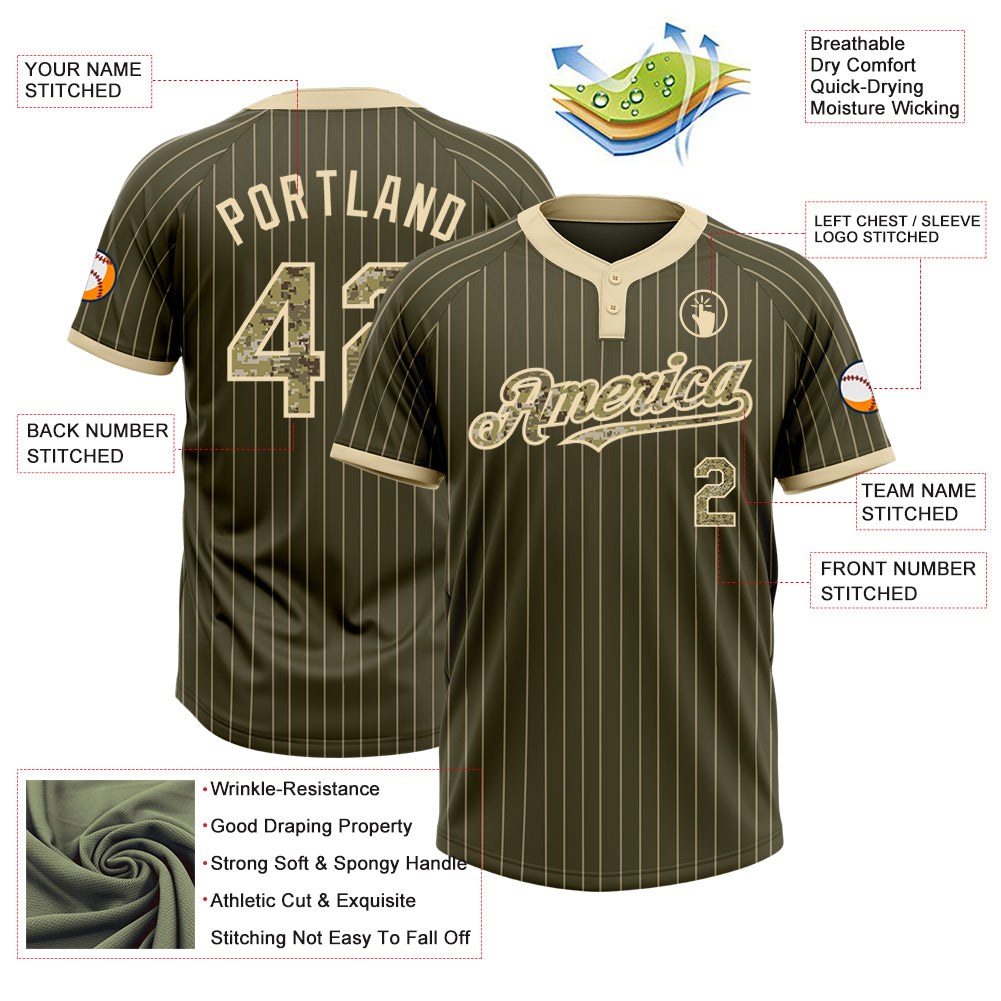 Custom Olive Cream Pinstripe Camo Salute To Service Two-Button Unisex Softball Jersey photo 3