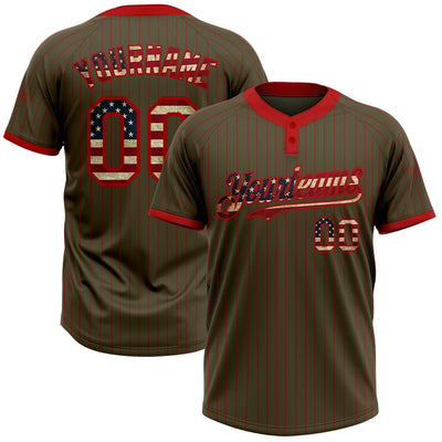Custom Olive Vintage USA Flag Salute Two Button Pinstripe Softball Jersey with Red Lettering