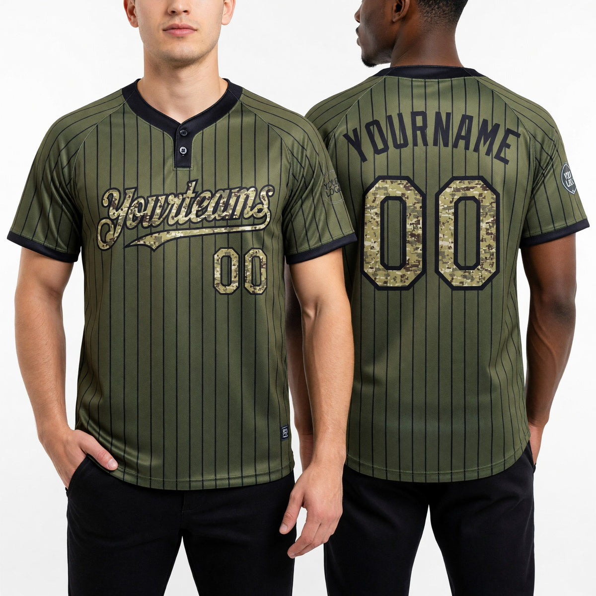 Custom Olive Black Pinstripe Camo Salute To Service Two-Button Unisex Softball Jersey worn front and back