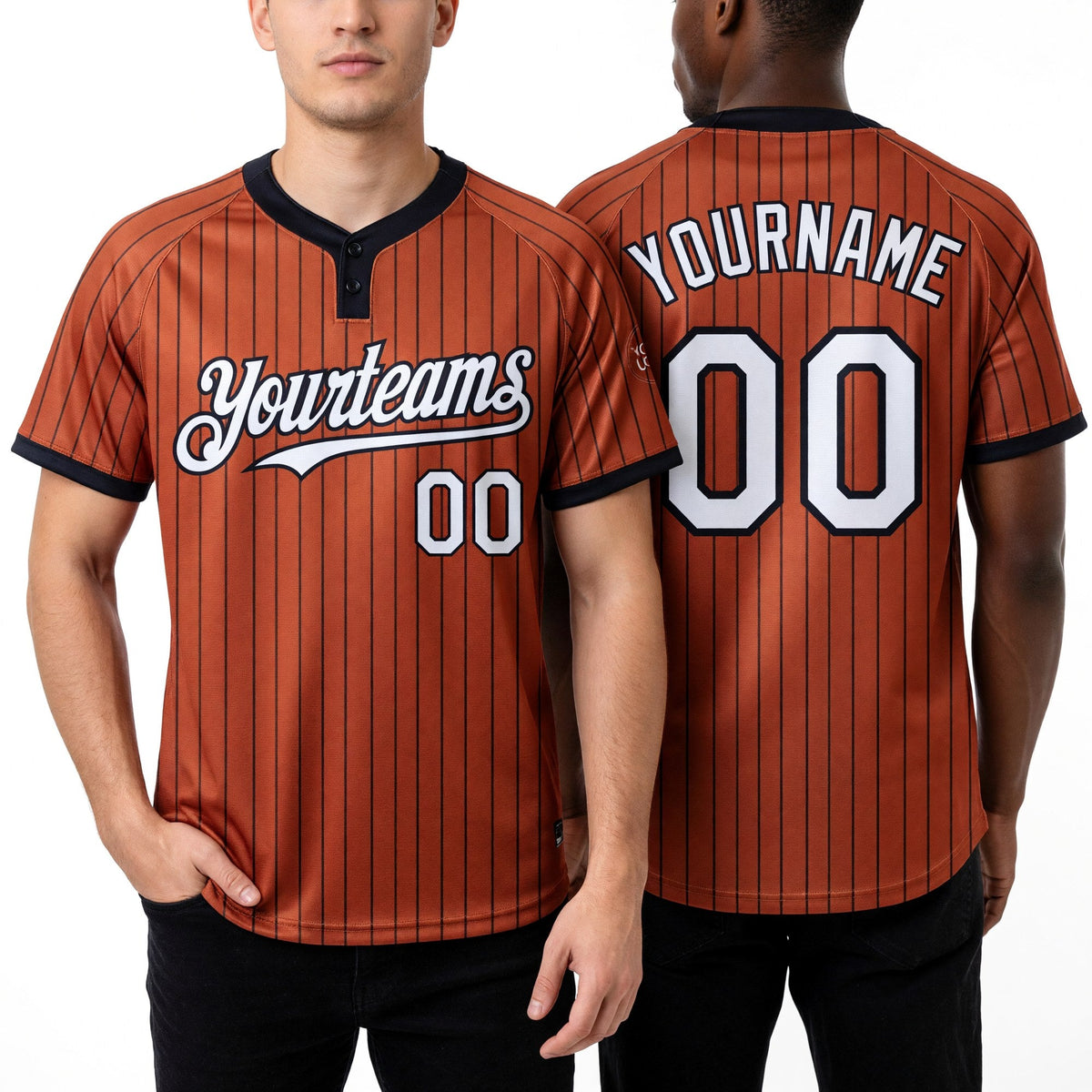 Custom Texas Orange Black Pinstripe White Two-Button Unisex Softball Jersey worn front and back