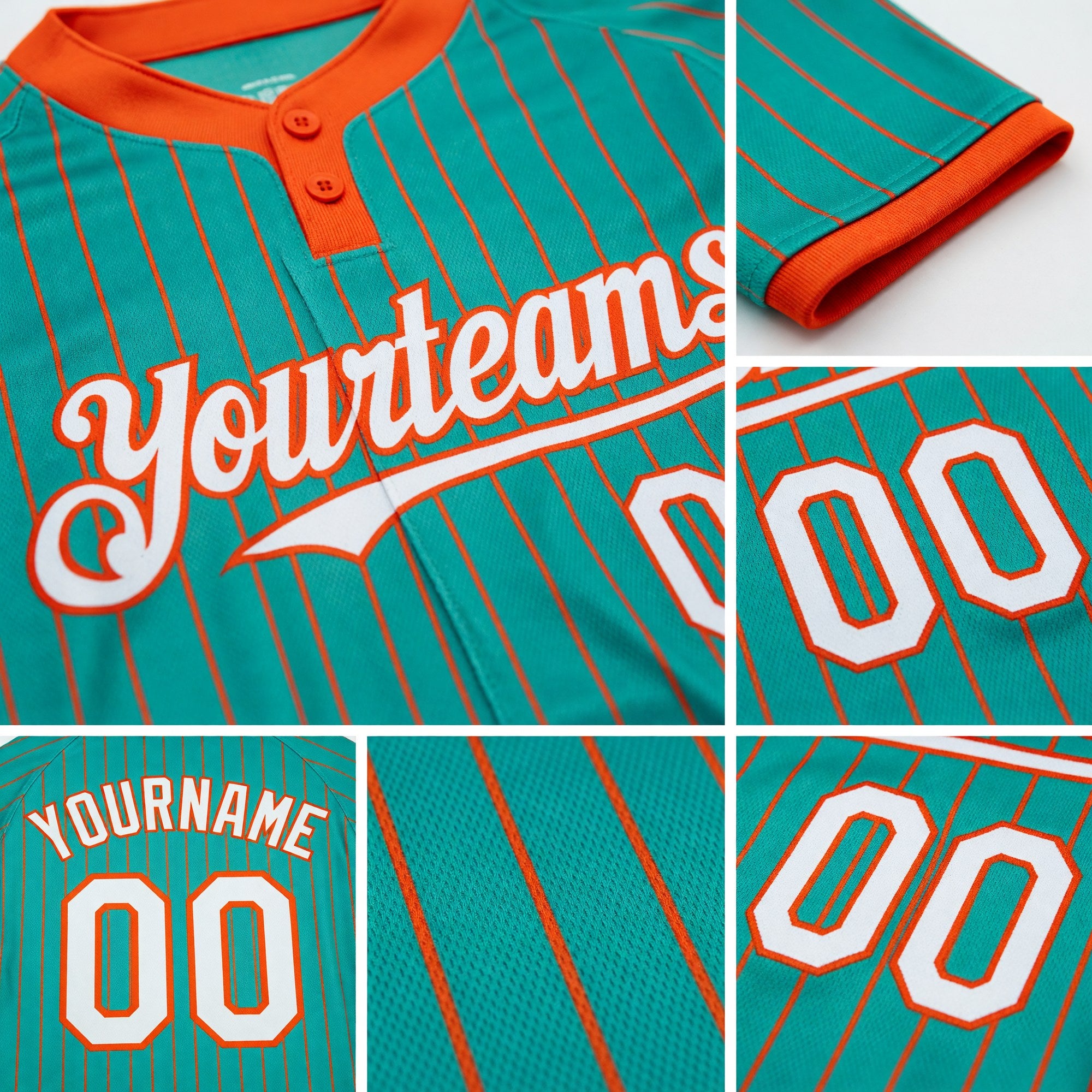 Custom Aqua Orange Pinstripe White Two-Button Unisex Softball Jersey detail