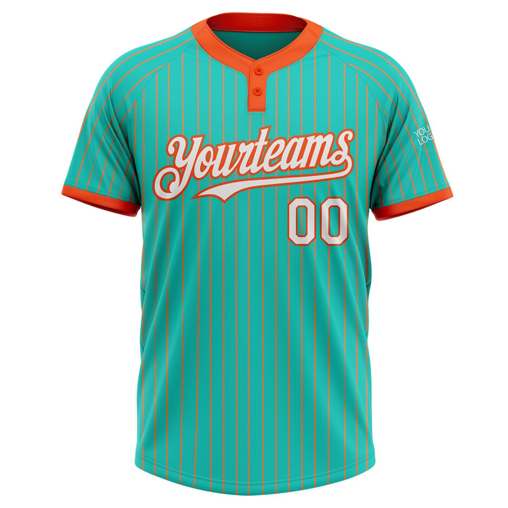 Custom Aqua Orange Pinstripe White Two-Button Unisex Softball Jersey photo 2