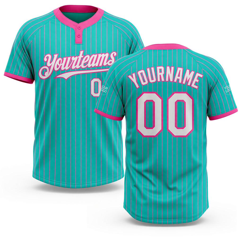 Custom Aqua Pink Pinstripe White Two-Button Unisex Softball Jersey