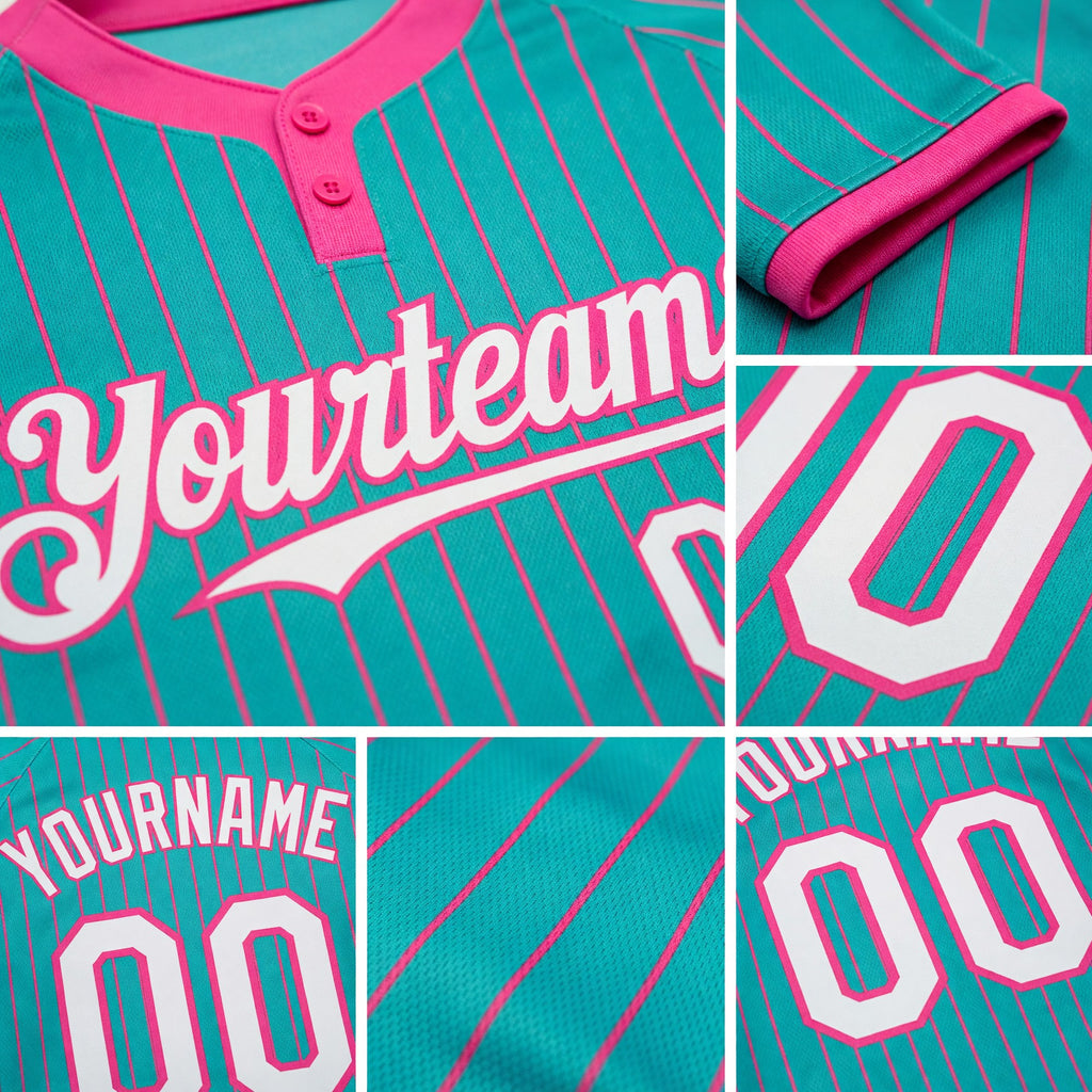 Custom Aqua Pink Pinstripe White Two-Button Unisex Softball Jersey detail