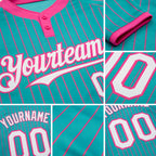 Custom Aqua Pink Pinstripe White Two-Button Unisex Softball Jersey detail