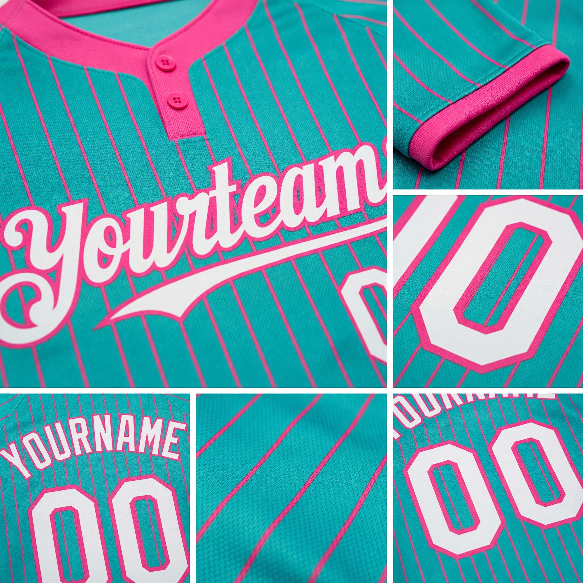 Custom Aqua Pink Pinstripe White Two-Button Unisex Softball Jersey detail