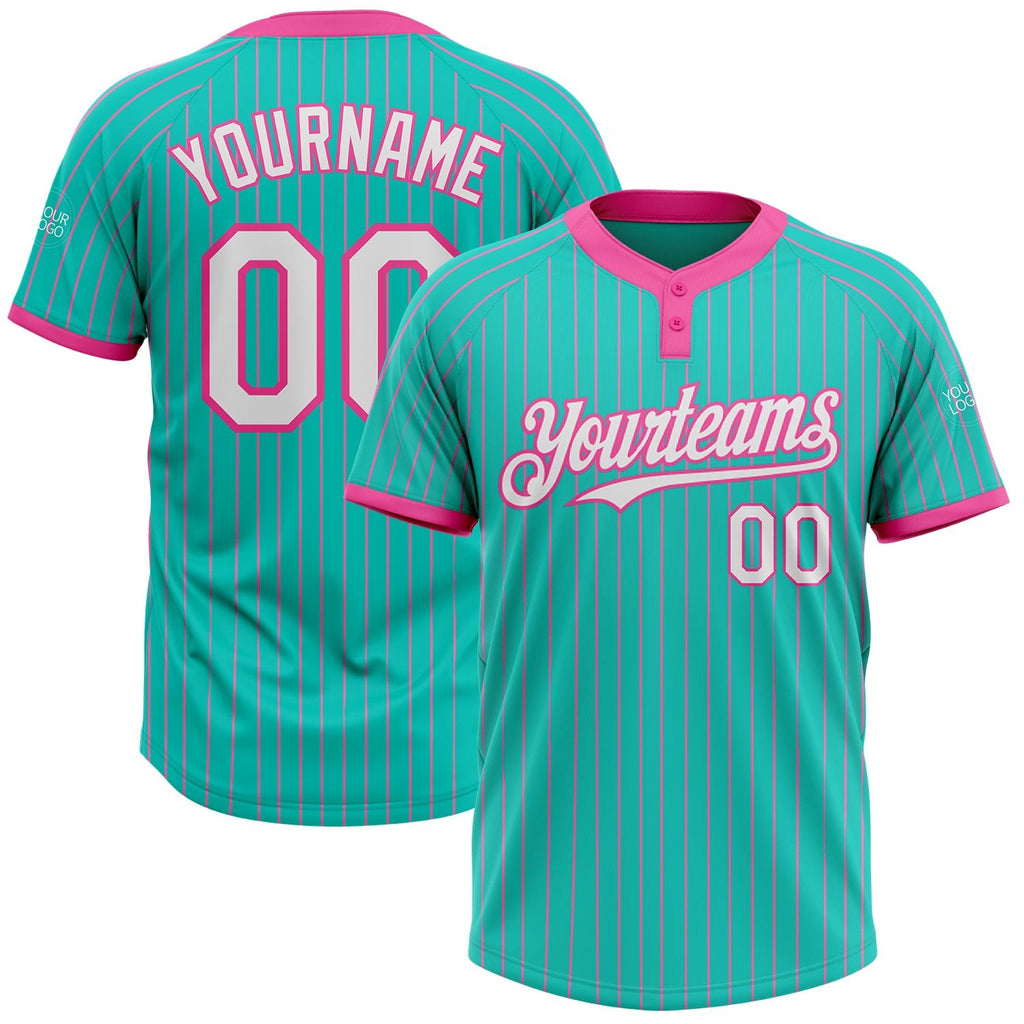Custom Aqua Pink Pinstripe White Two-Button Unisex Softball Jersey photo 1