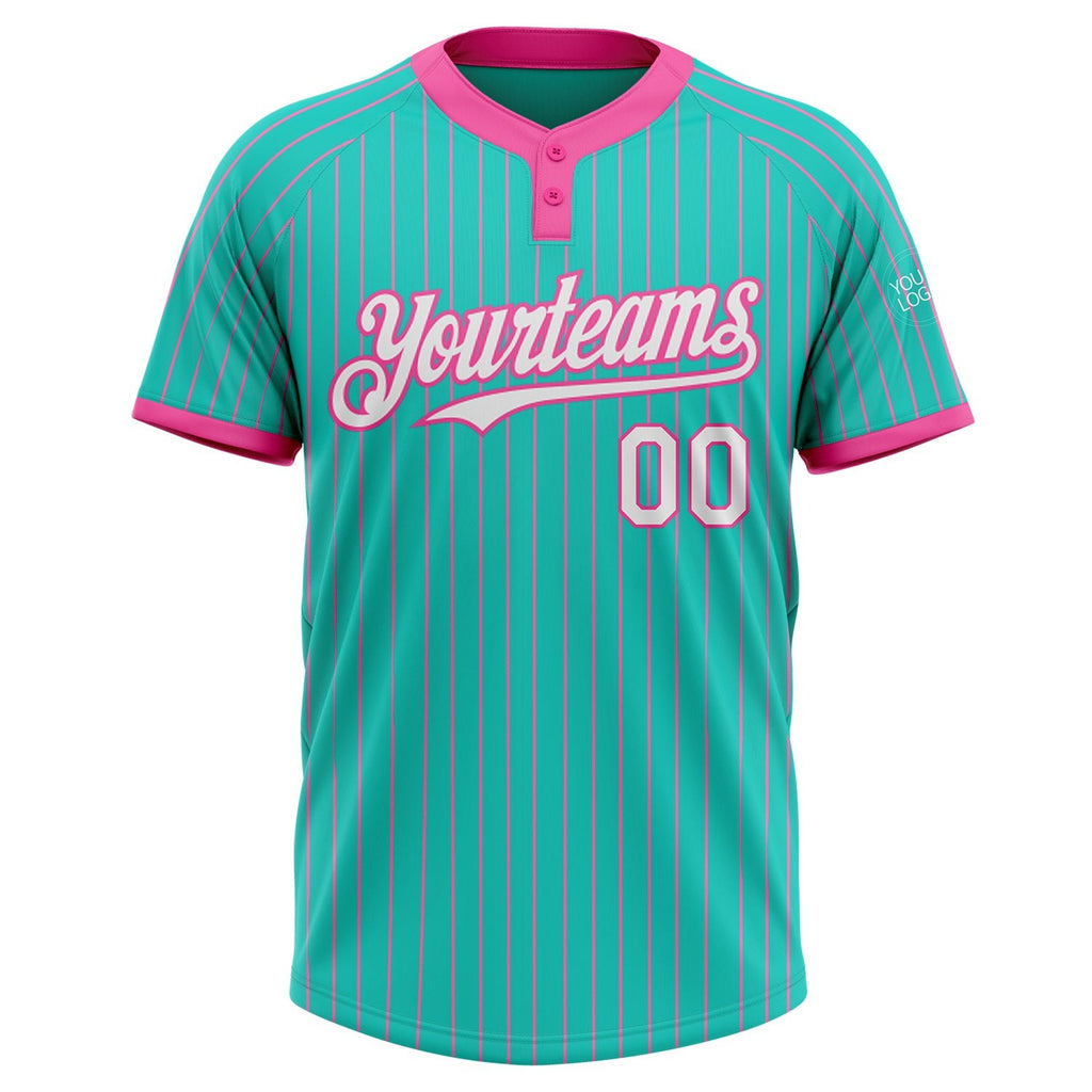 Custom Aqua Pink Pinstripe White Two-Button Unisex Softball Jersey photo 2