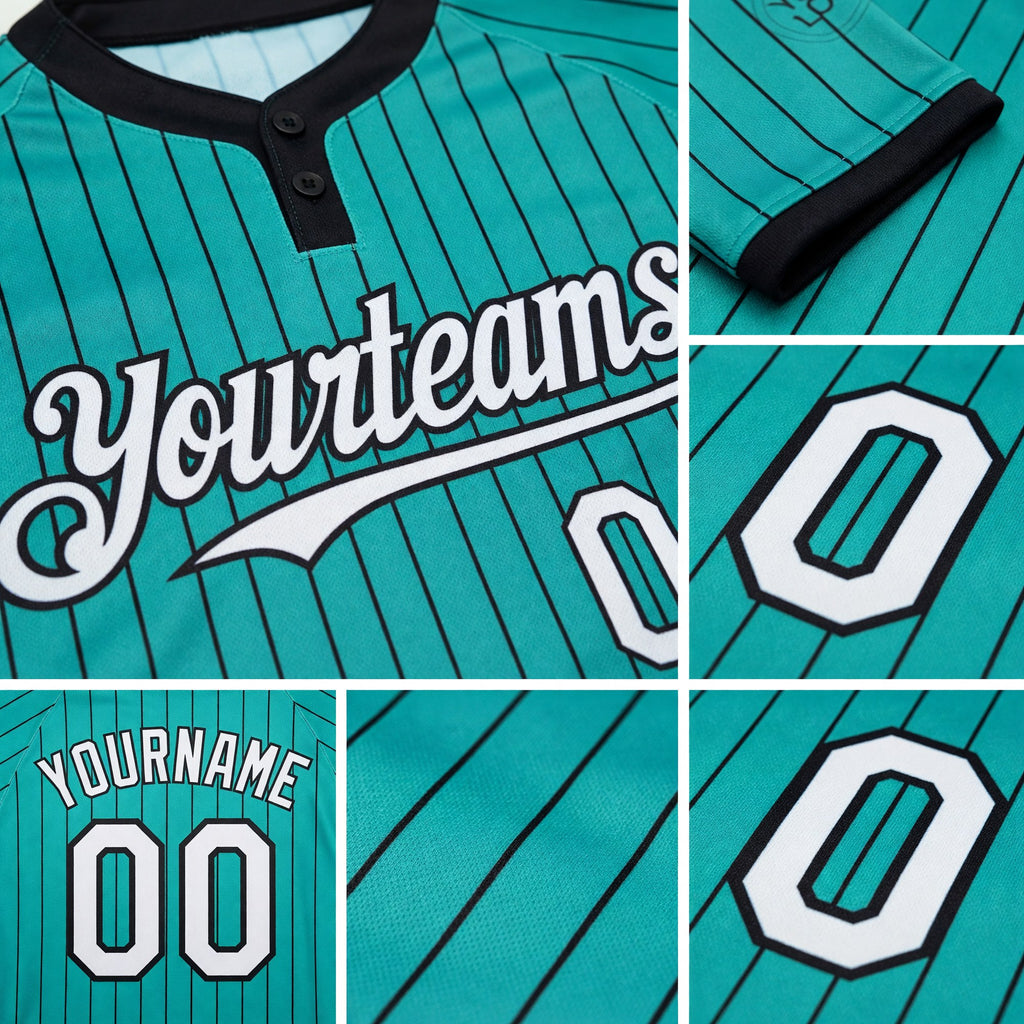 Custom Aqua Black Pinstripe White Two-Button Unisex Softball Jersey detail