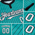 Custom Aqua Black Pinstripe White Two-Button Unisex Softball Jersey detail