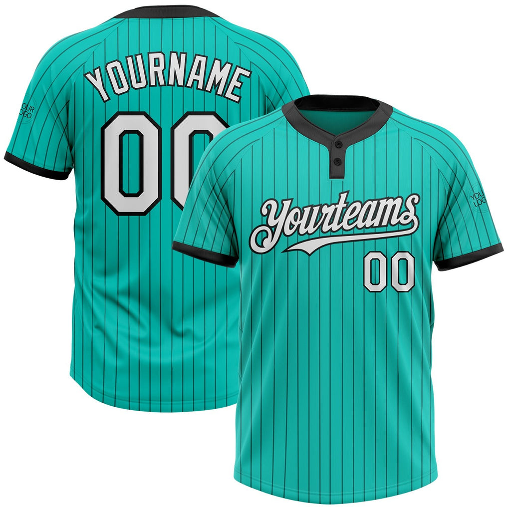 Custom Aqua Black Pinstripe White Two-Button Unisex Softball Jersey photo 1