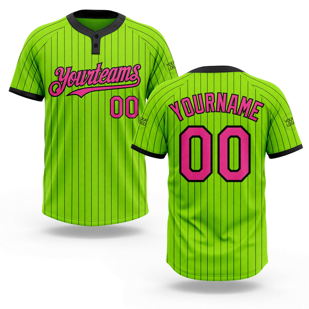 Custom Neon Green Black Pinstripe Pink Two-Button Unisex Softball Jersey